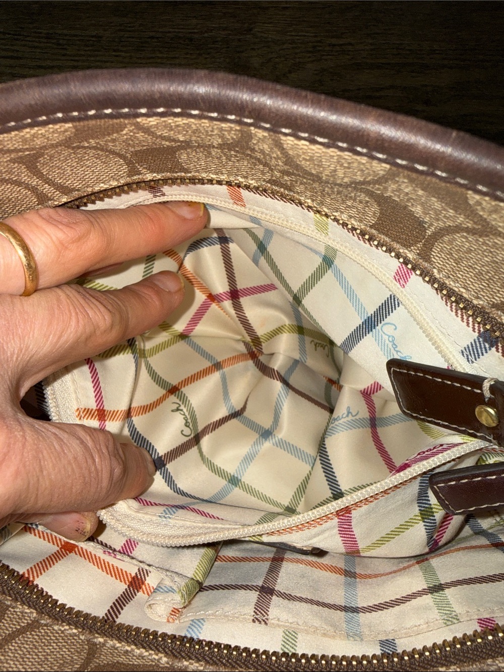 Coach Brown Signature Canvas Tote with Red Logo Accent - Picture 12 of 16